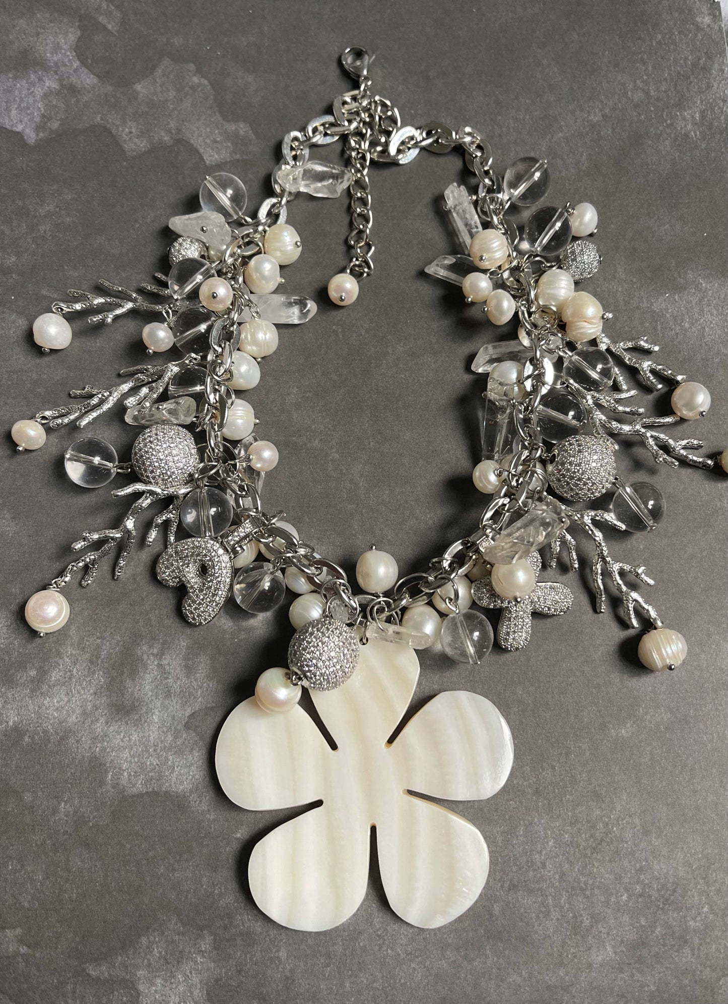 Stainless Steel Necklace with Rock Crystal, Freshwater Pearls, and Metal Pendants