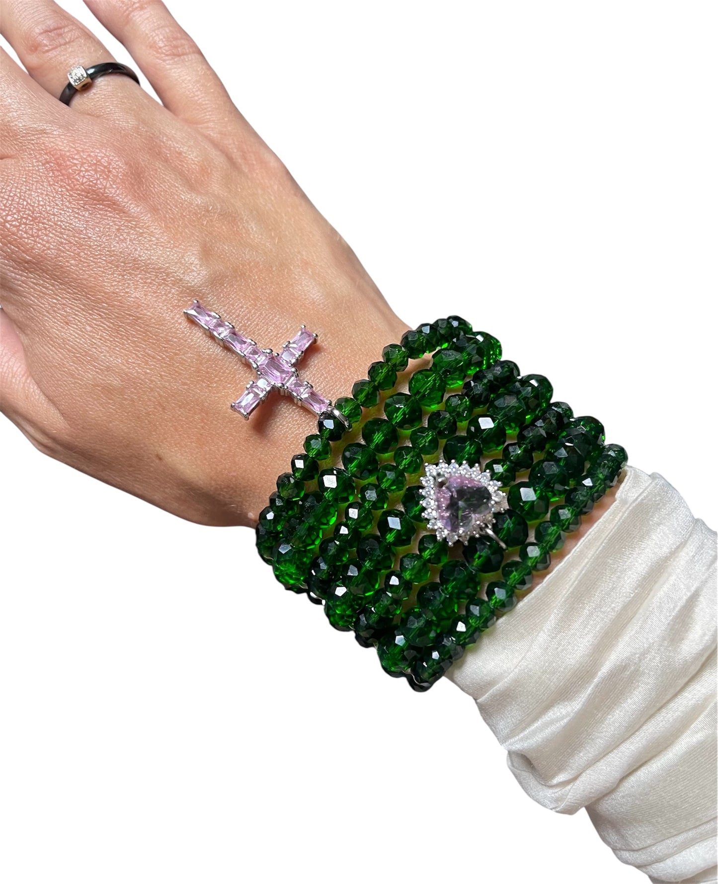 Elastic Bracelet with Czech Glass, Raw Quartz & Zirconium Silver Pendants