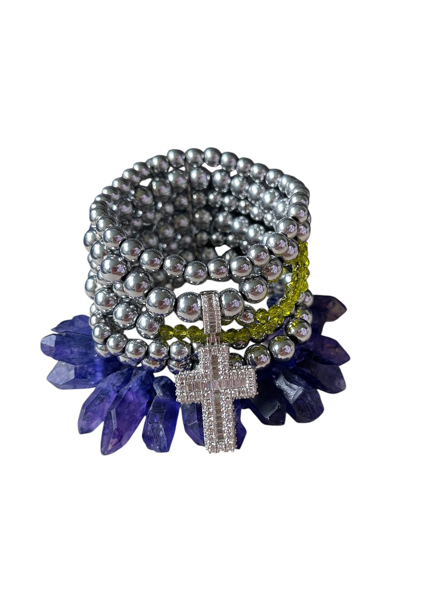 Hematite Bracelet with Czech Glass and Quartz