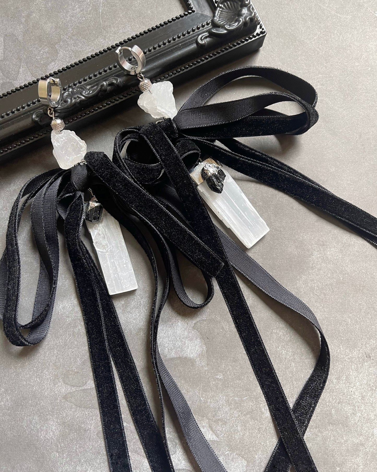 Stainless Steel Earrings with Raw Crystal Quartz, Velvet Bow & Quartz Pendant