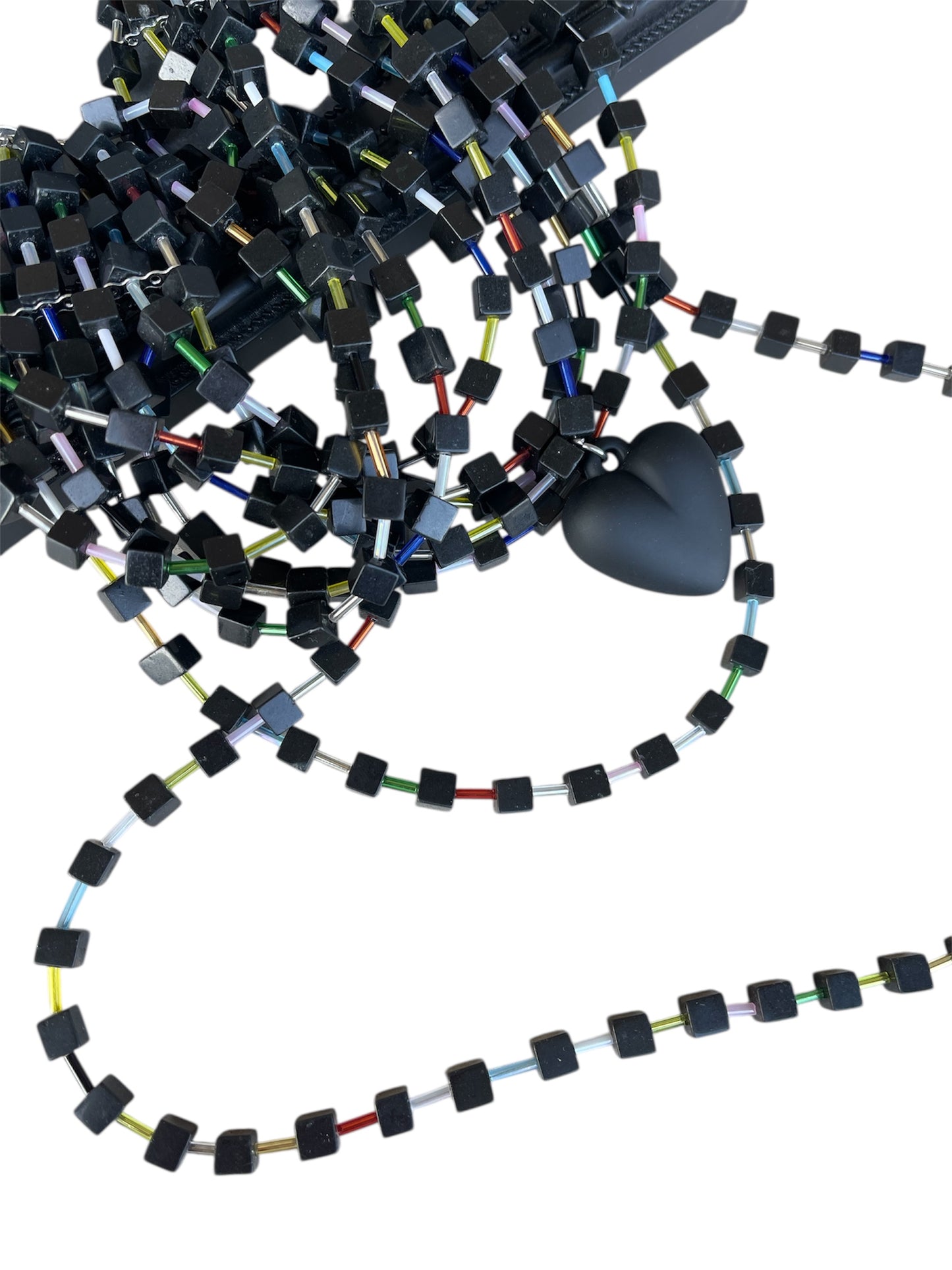 Agate and Bugle Bead Necklace with Rubber Heart