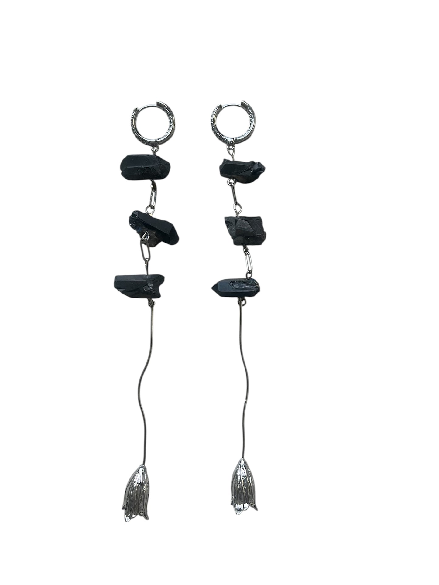 Silver Earrings with Cubic Zirconia, Graphite Quartz & Metal Flower Design