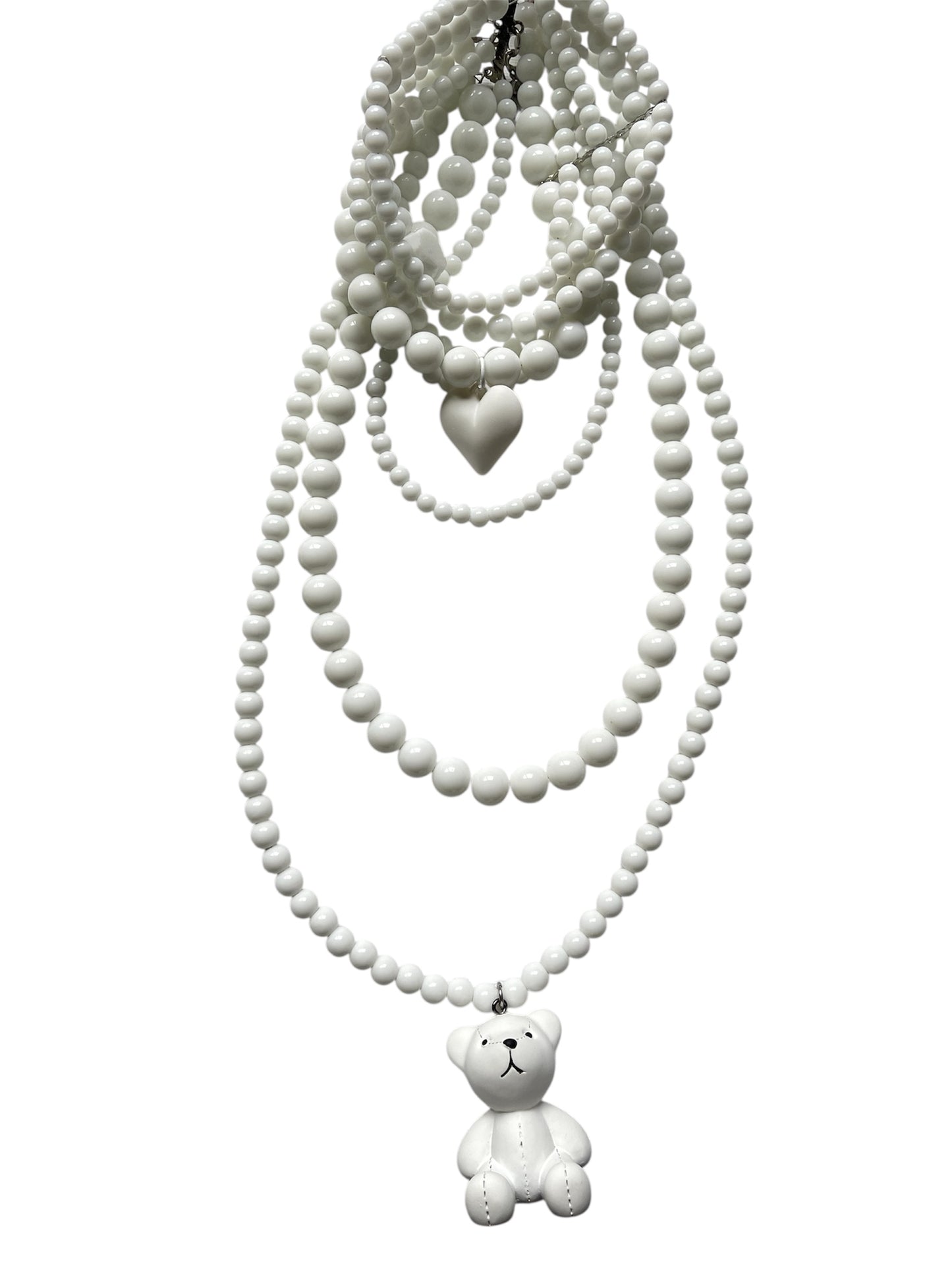 White Stone Necklace with Heart & Teddy Bear Charm