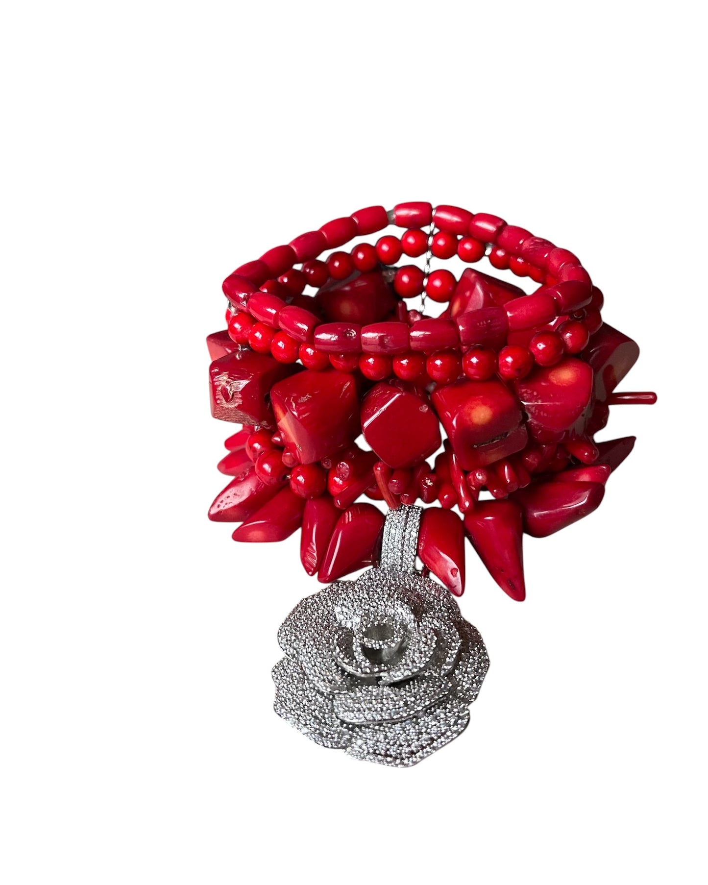 Red Coral Bracelet with Metal Rose