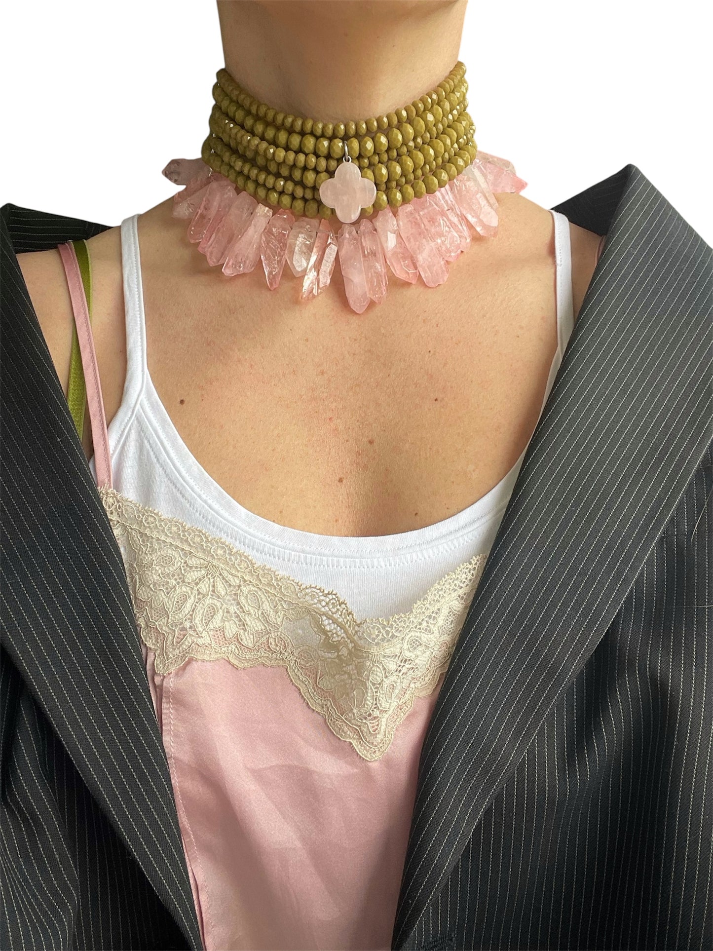 Czech Glass and Rose Quartz Choker Necklace