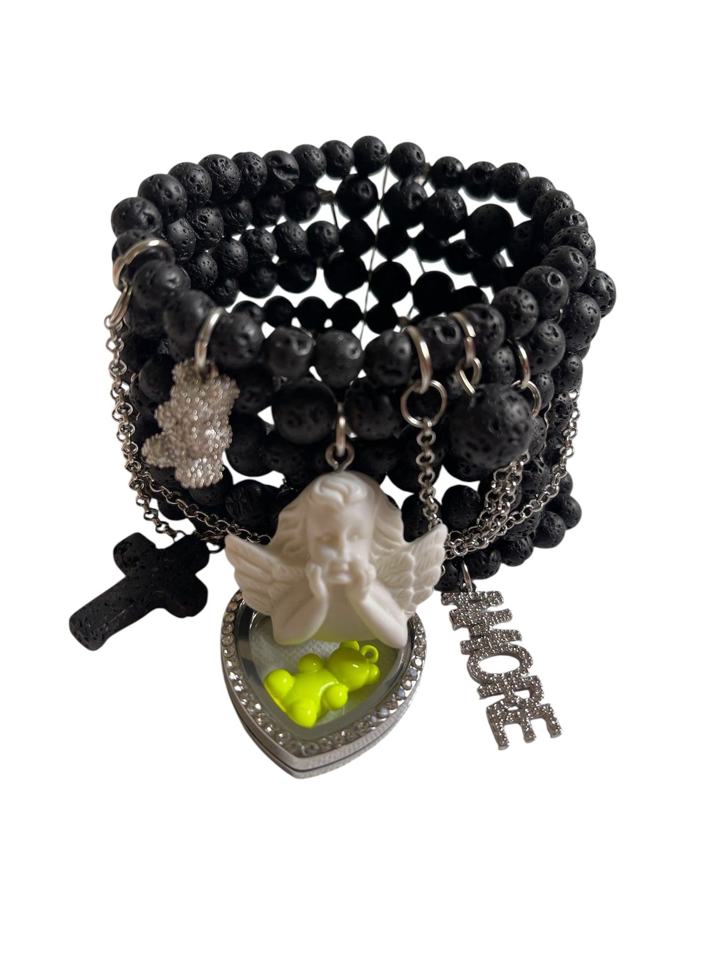Lava Stone Bracelet with Angel Charm & Heart Pendant