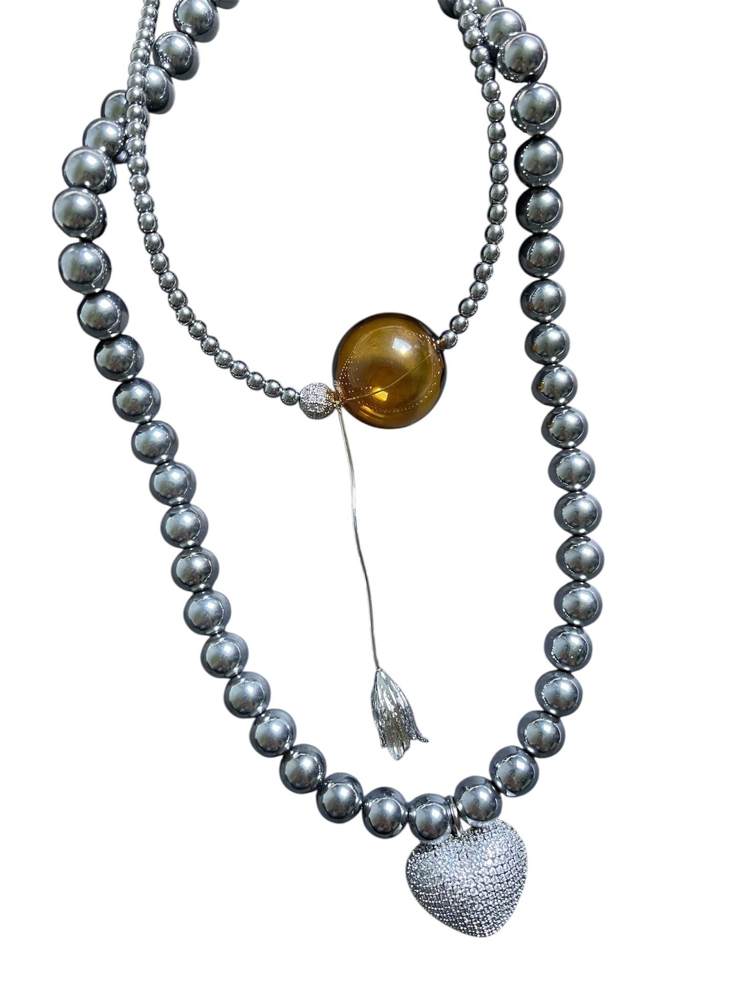 Hematite Jewelry Set with Glass Orb & Metal Charms – 2 Pieces