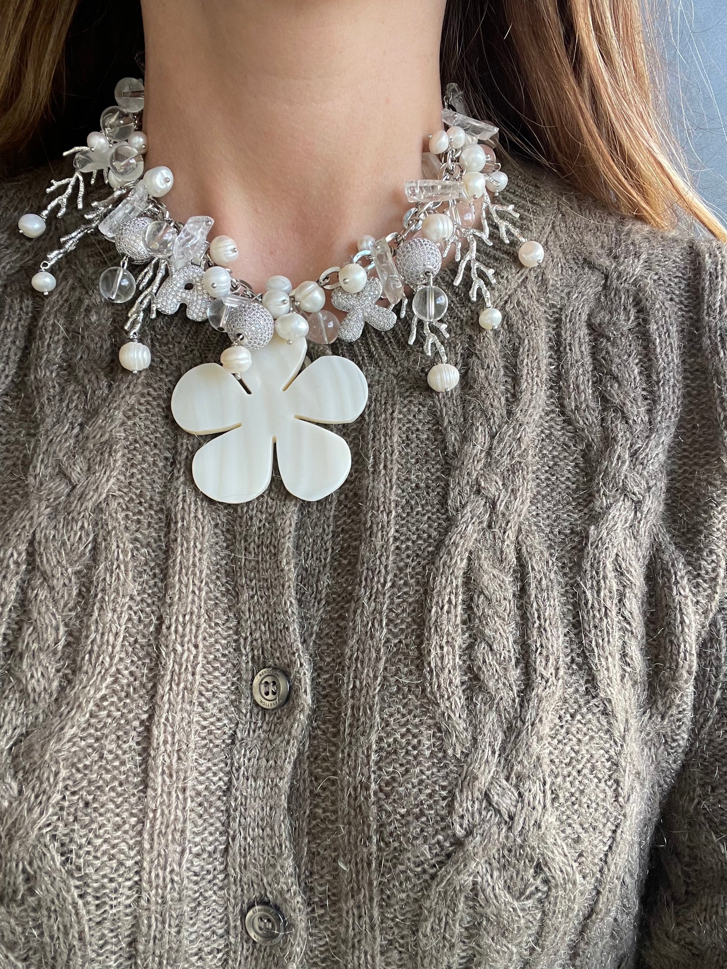 Stainless Steel Necklace with Rock Crystal, Freshwater Pearls, and Metal Pendants