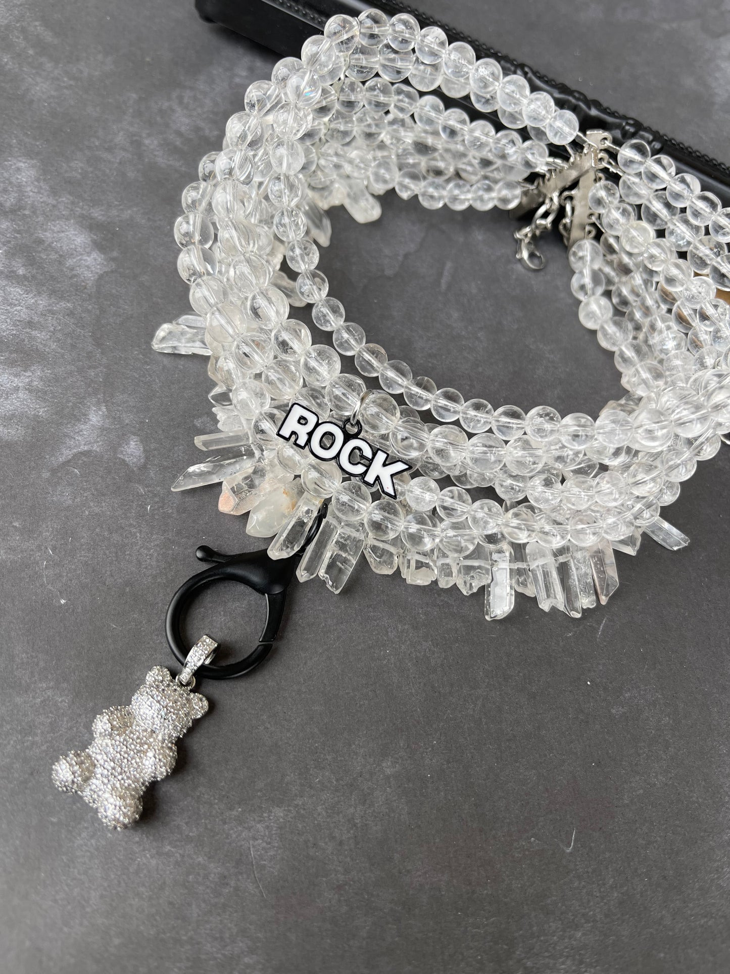 Choker rock crystal, quartz, metal pendant with zirconium, stainless steel fittings