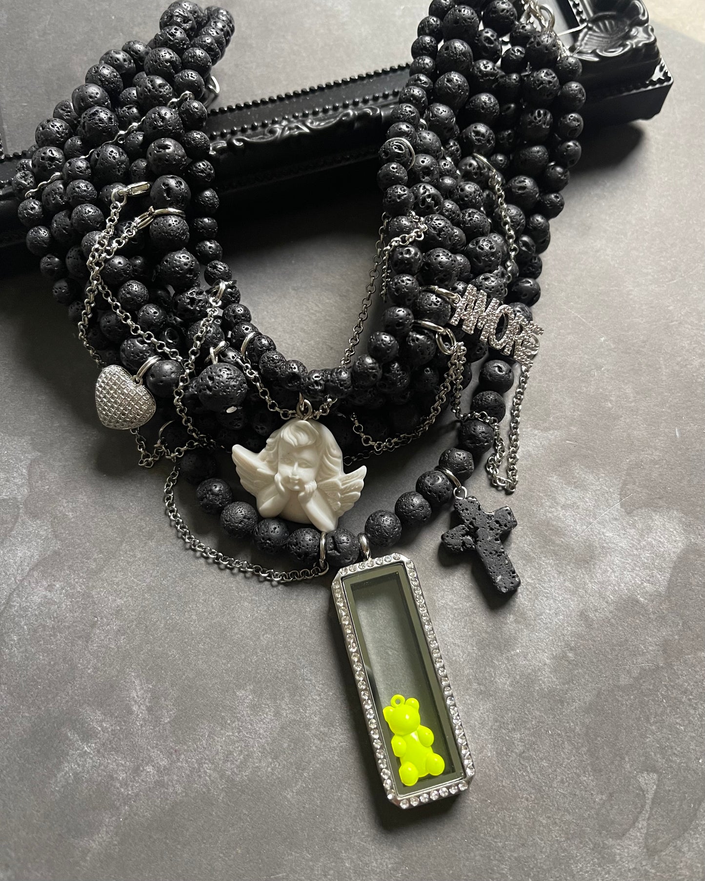 Lava Stone Choker with Polymer Clay Angel & Metal Pendant with Glass