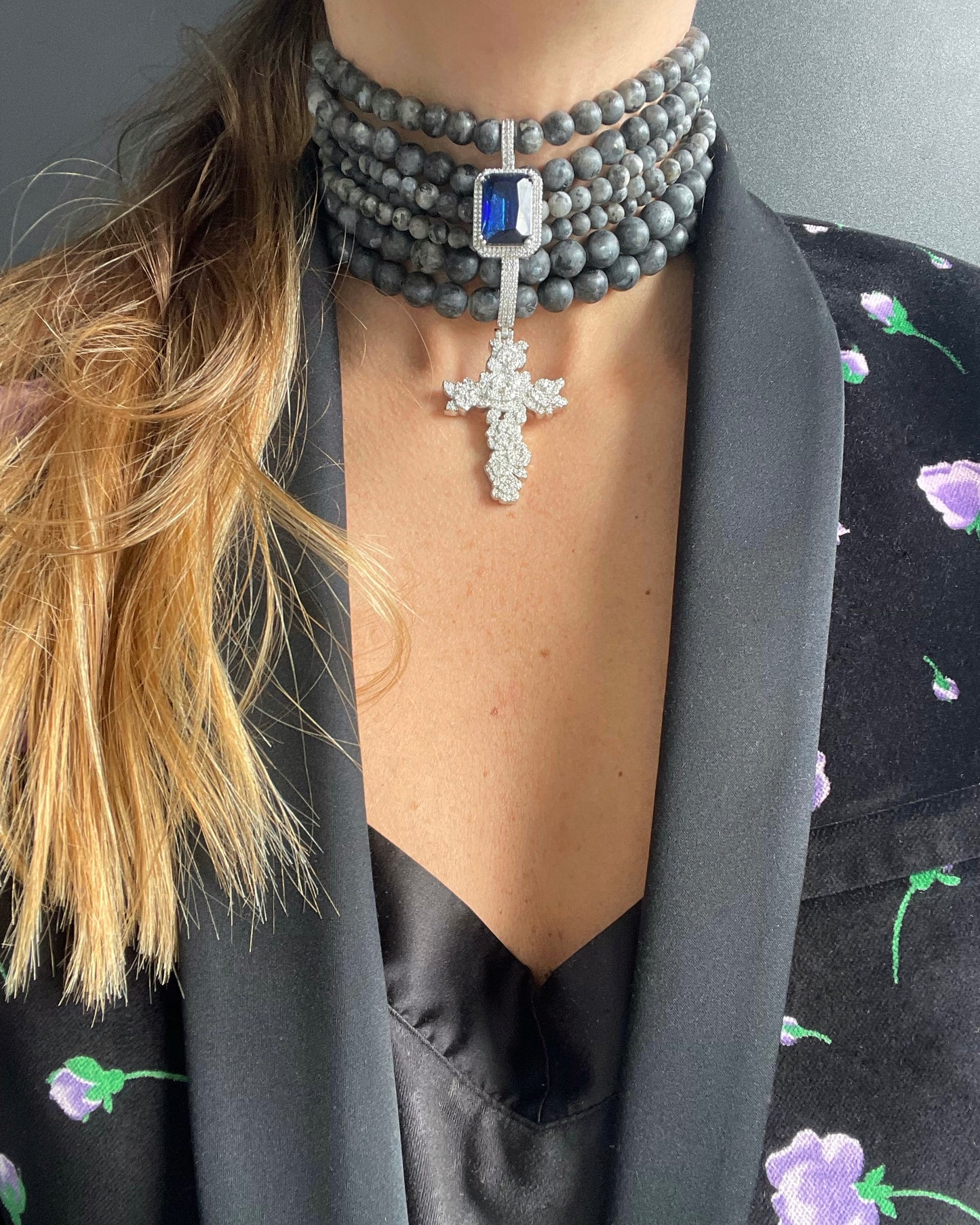 Labradorite Choker with Zircon Metal Charms