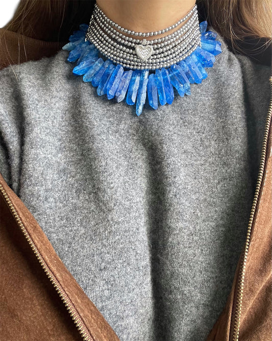 Hematite and Quartz Choker with Zircon Metal Pendant