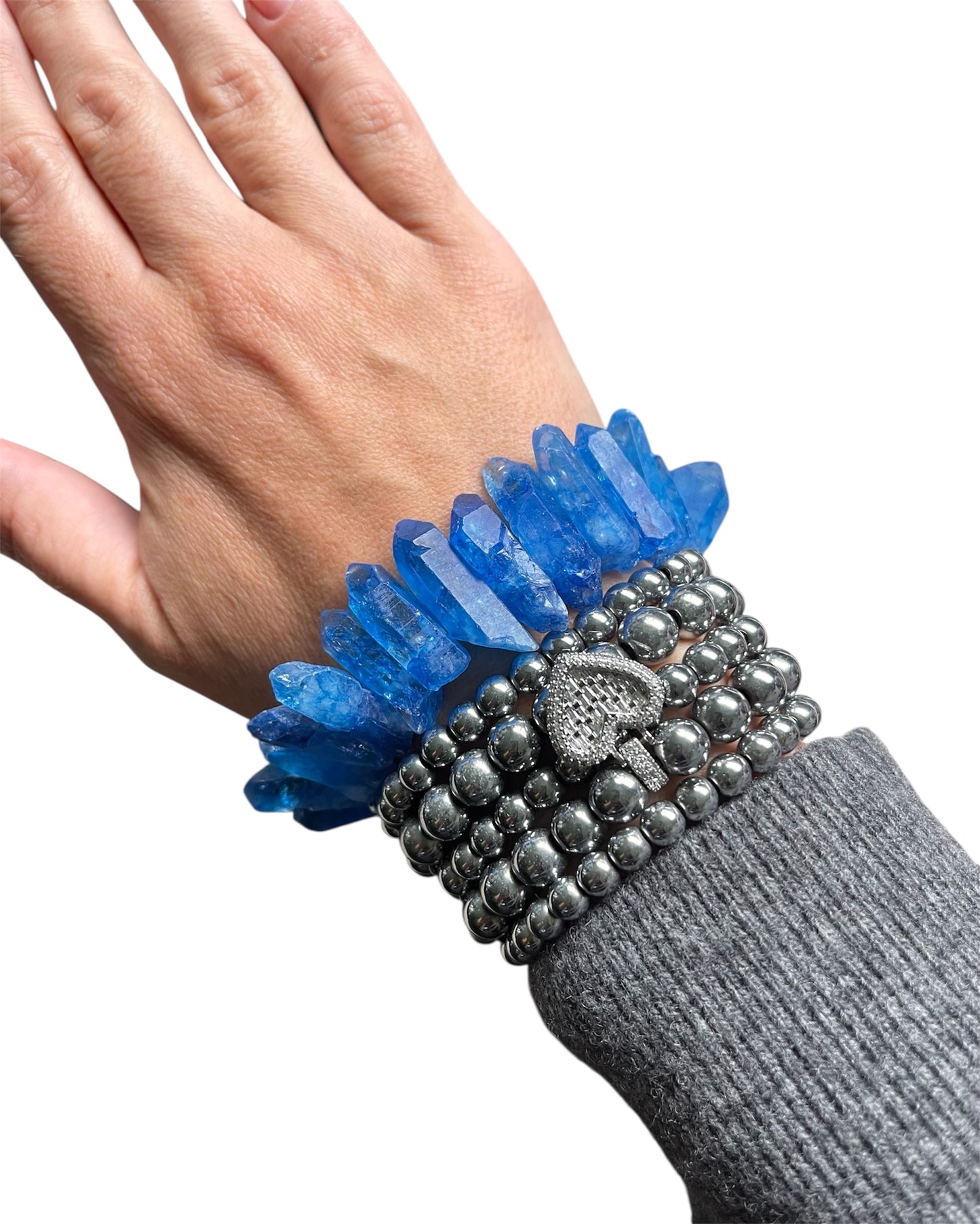 Hematite and Quartz Bracelet with Zircon Metal Charm