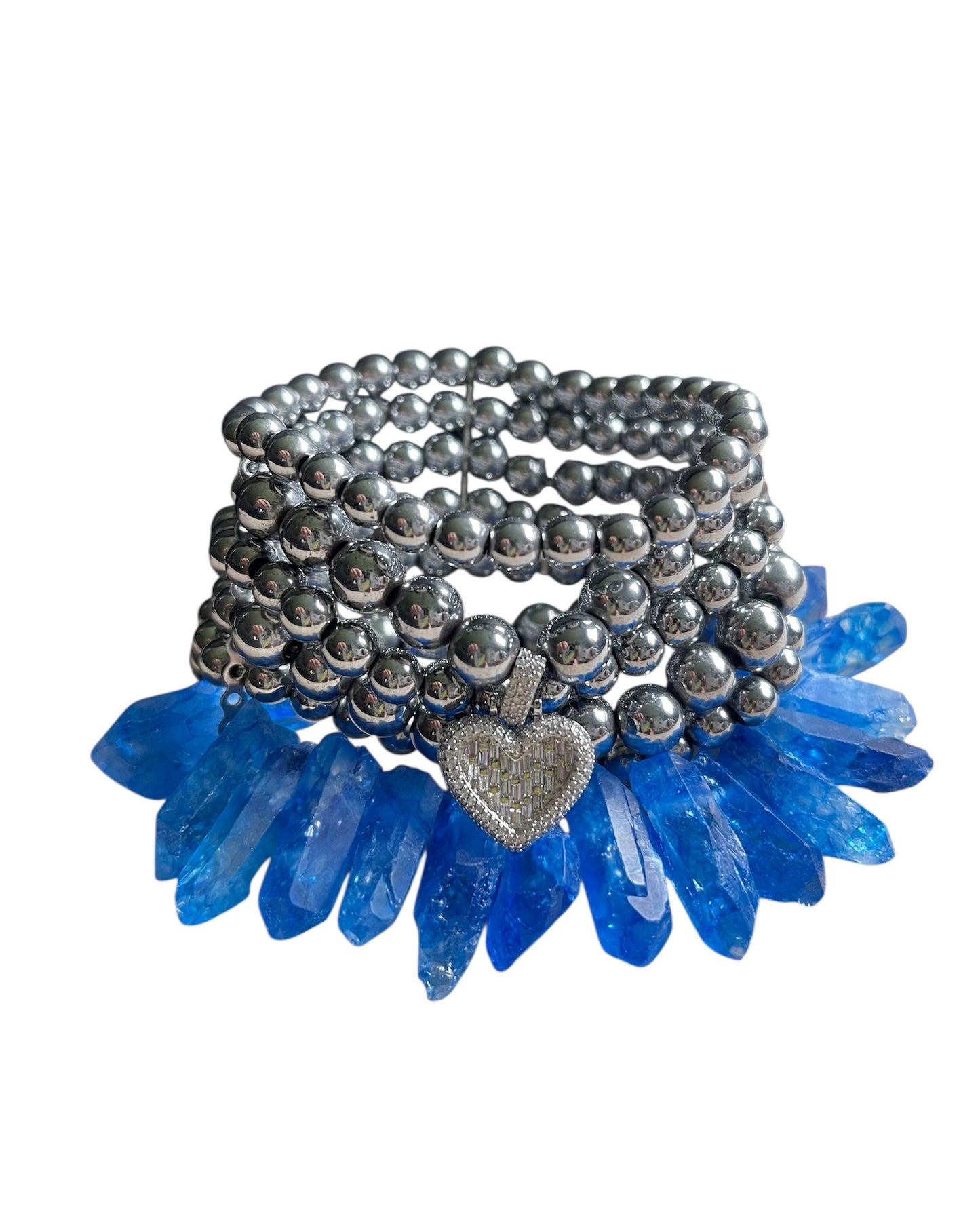 Hematite and Quartz Bracelet with Zircon Metal Charm