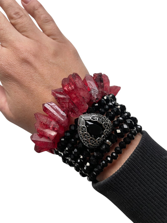 Bracelet with Czech Glass, Quartz & Sterling Silver Charm