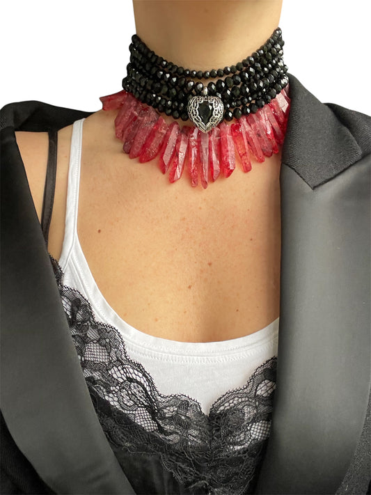 Choker with Czech Glass, Quartz & Sterling Silver Pendant