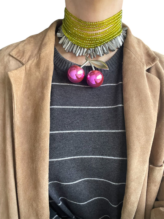 Choker Necklace with Czech Glass, Quartz and Metal Pendant