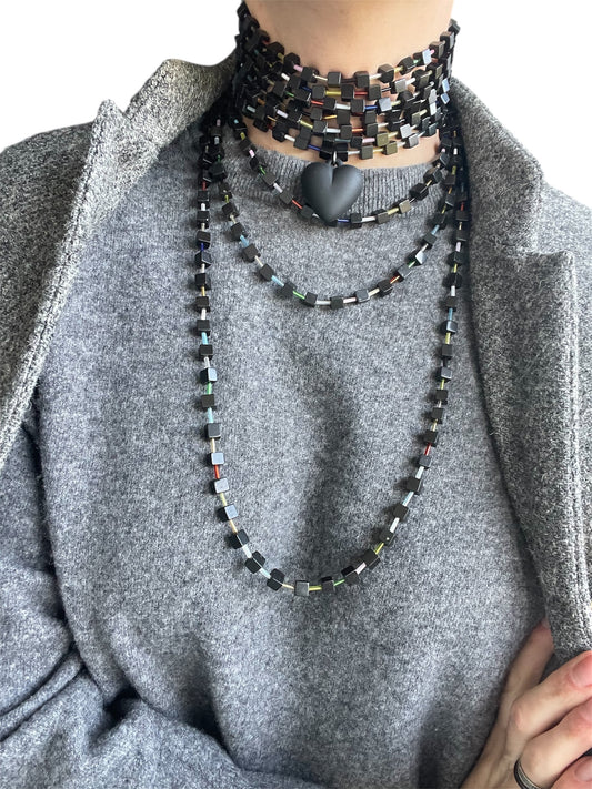 Agate and Bugle Bead Necklace with Rubber Heart