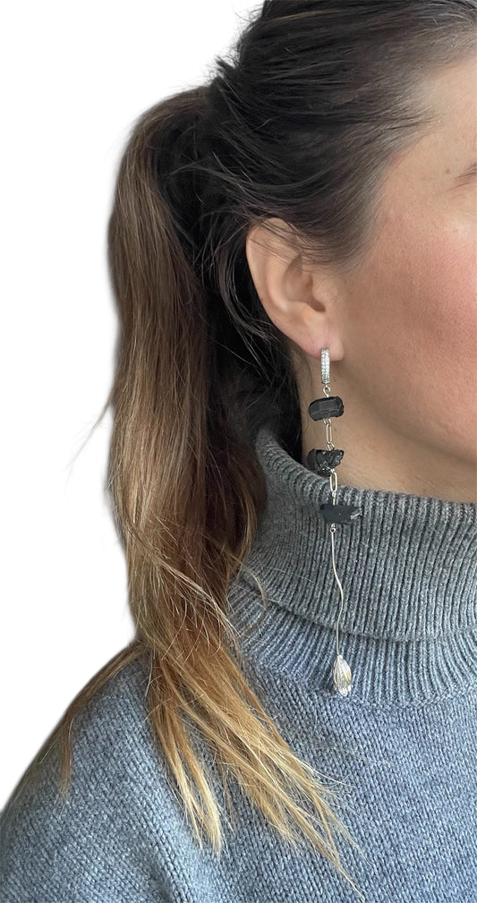 Silver Earrings with Cubic Zirconia, Graphite Quartz & Metal Flower Design