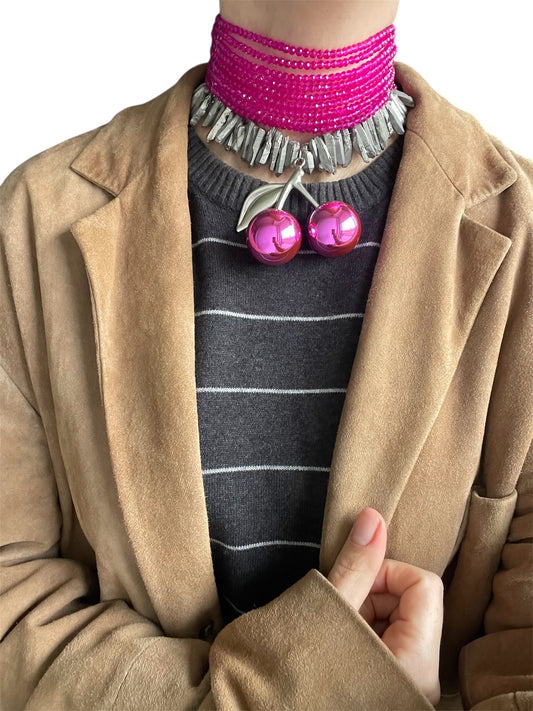 Choker Necklace with Czech Glass, Quartz and Metal Pendant