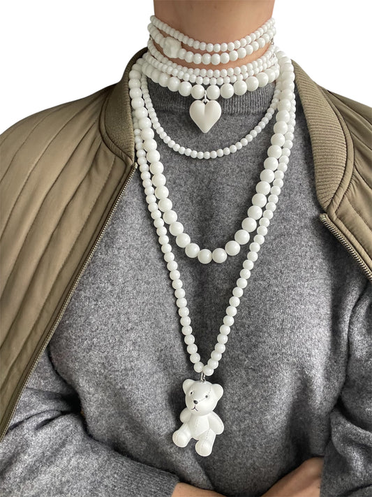 White Stone Necklace with Heart & Teddy Bear Charm