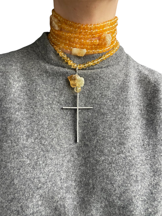 Citrine Choker Necklace with Zirconia Cross Charm