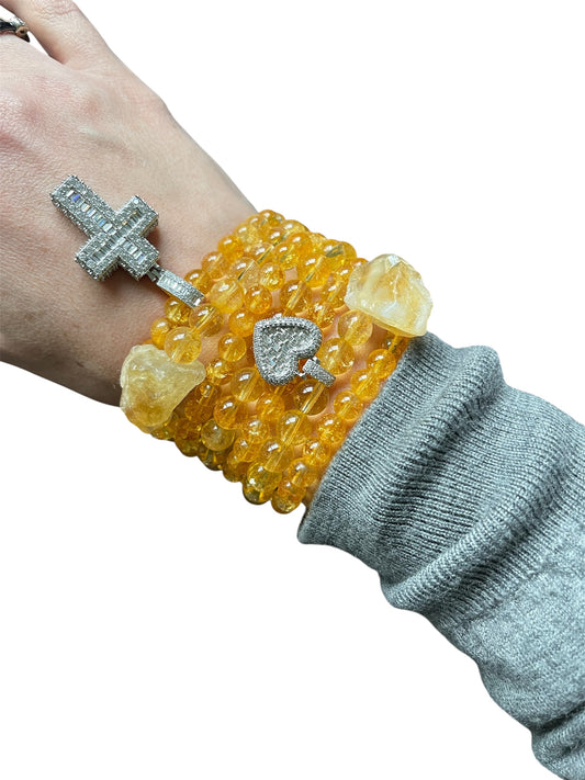 Citrine Beaded Bracelet with Cross & Heart Charms
