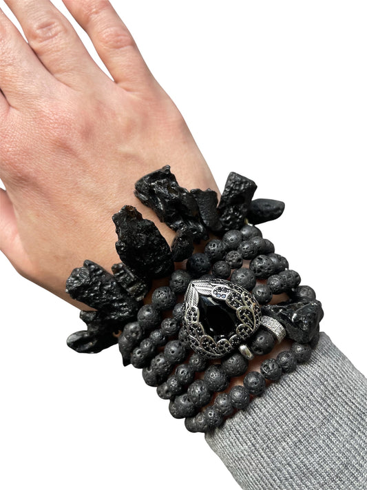 Lava Stone Bracelet with Silver Pendant, Raw Black Stones & Tourmaline