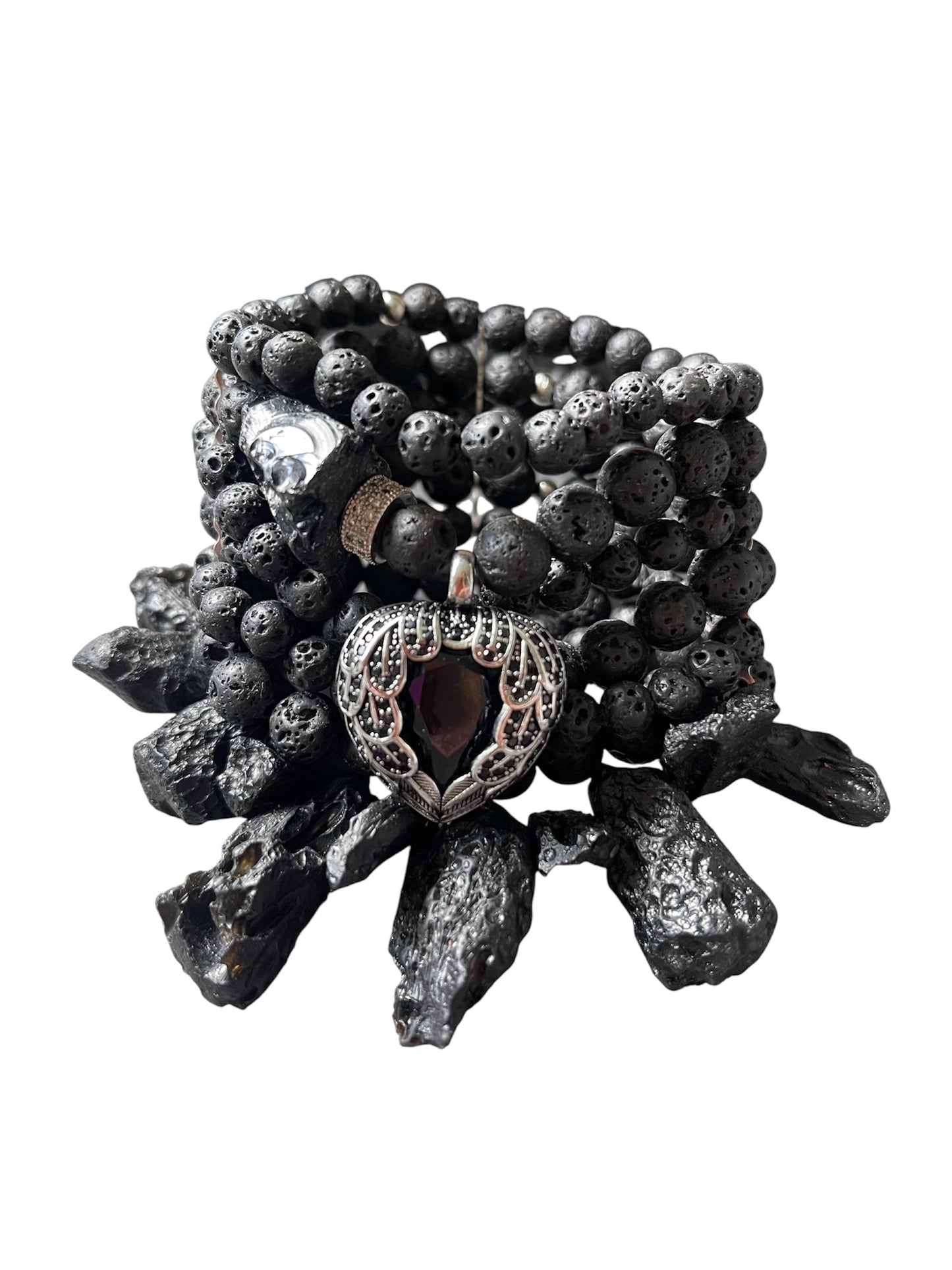 Lava Stone Bracelet with Silver Pendant, Raw Black Stones & Tourmaline