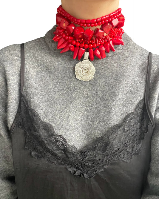 Red Coral Choker with Metal Rose