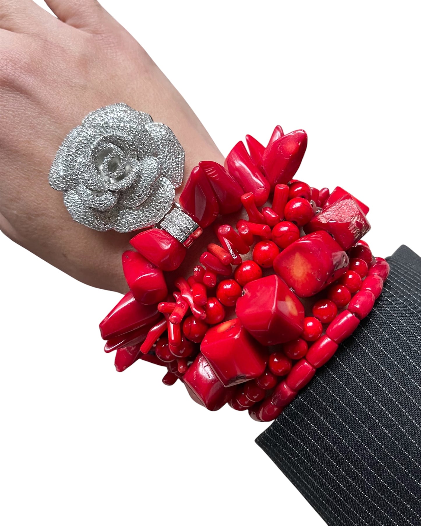 Red Coral Bracelet with Metal Rose