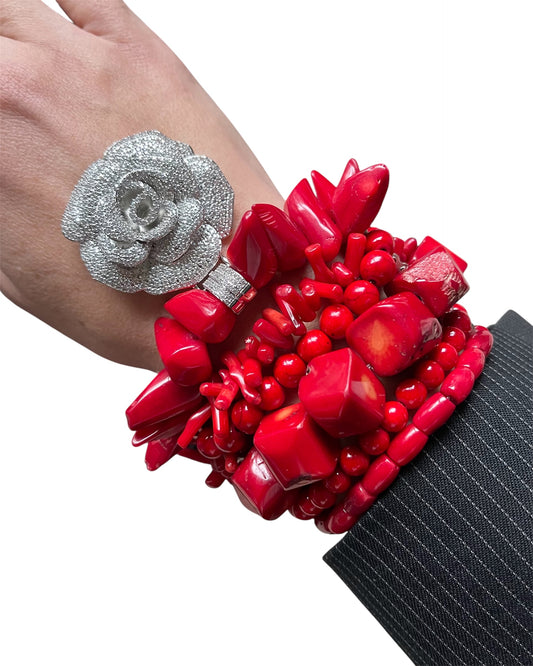 Red Coral Bracelet with Metal Rose