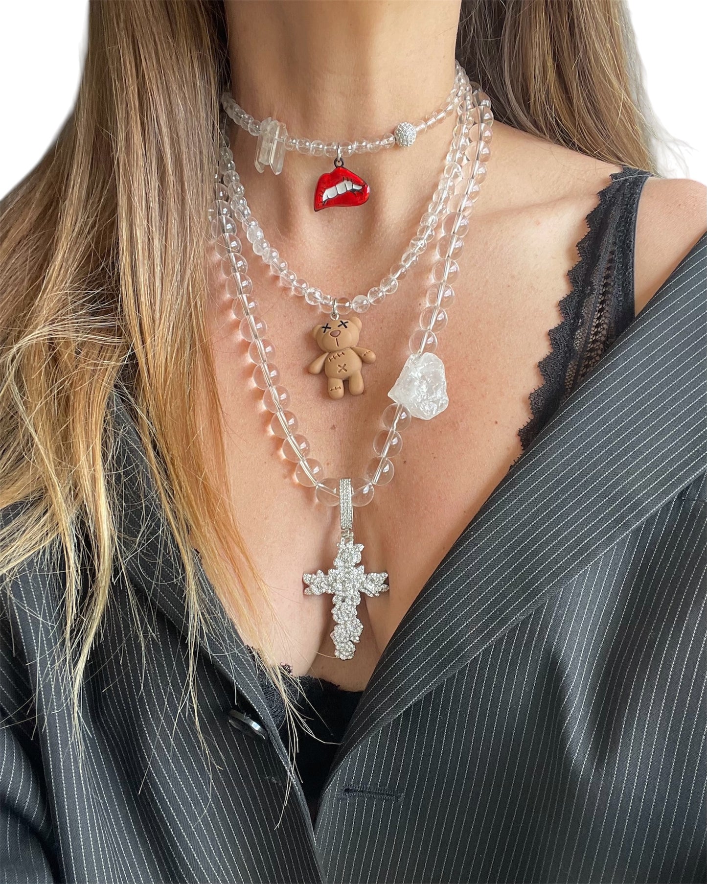 3-Piece Rock Crystal Jewelry Set with Metal and Plastic Elements