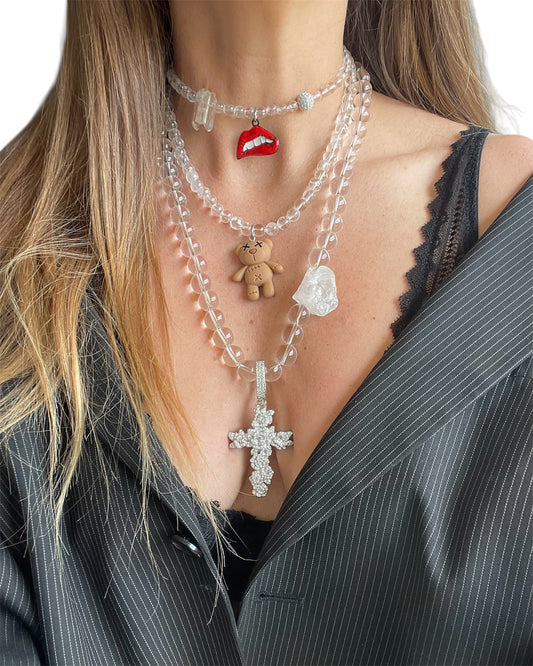 3-Piece Rock Crystal Jewelry Set with Metal and Plastic Elements