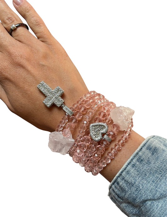 Elastic Bracelet with Czech Glass, Raw Quartz & Zirconium Metal Pendants