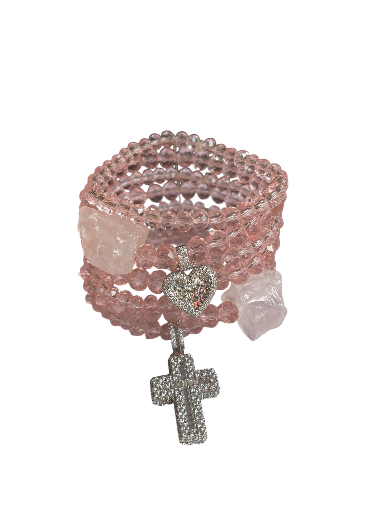Elastic Bracelet with Czech Glass, Raw Quartz & Zirconium Metal Pendants