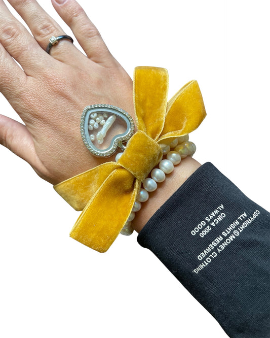 Pearl Bracelet with Velvet Bow & Glass Charm