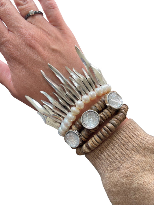 Boho Style Pearl and Wood Bracelet