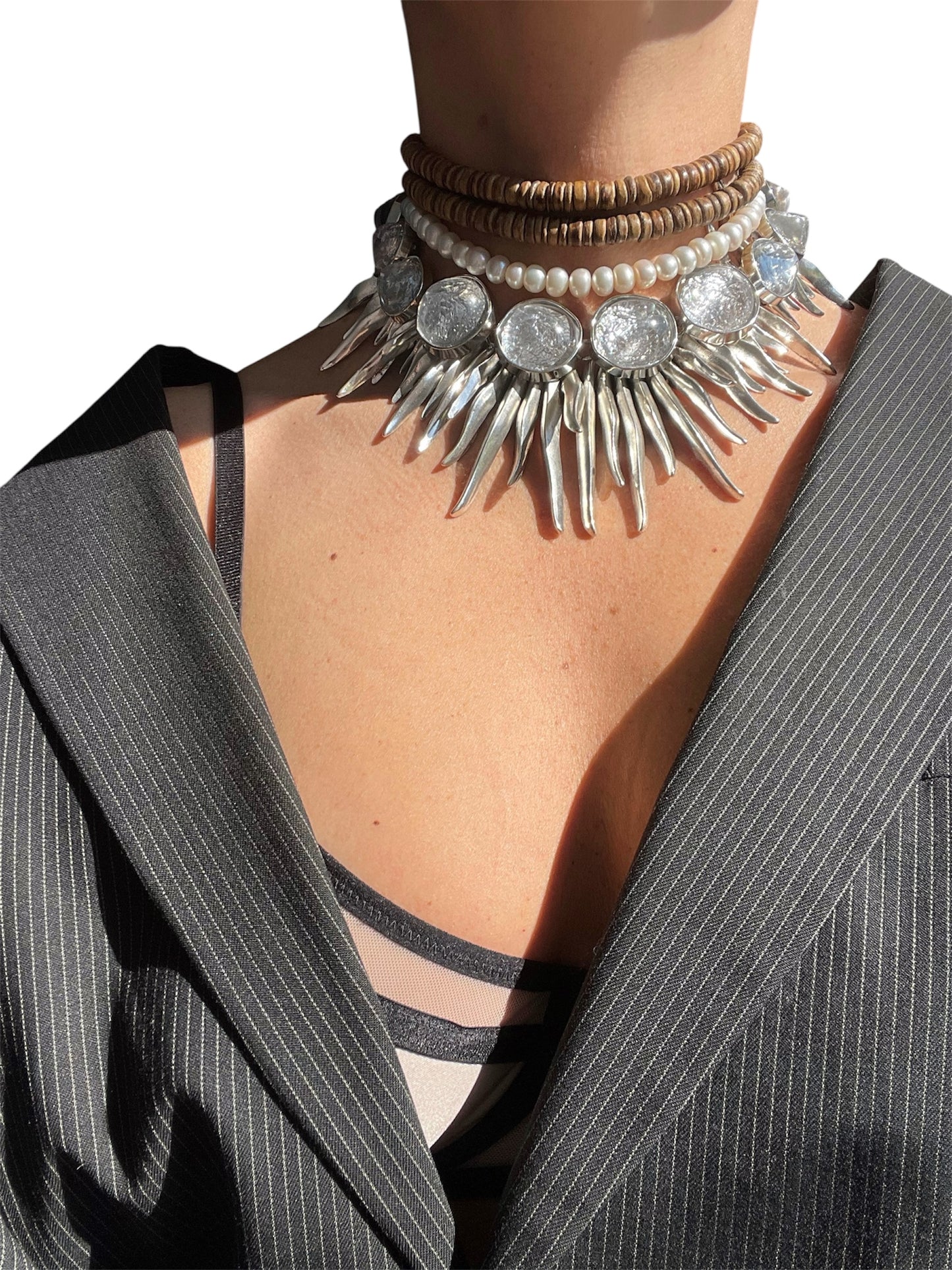 Boho Choker Necklace with Pearls and Wood