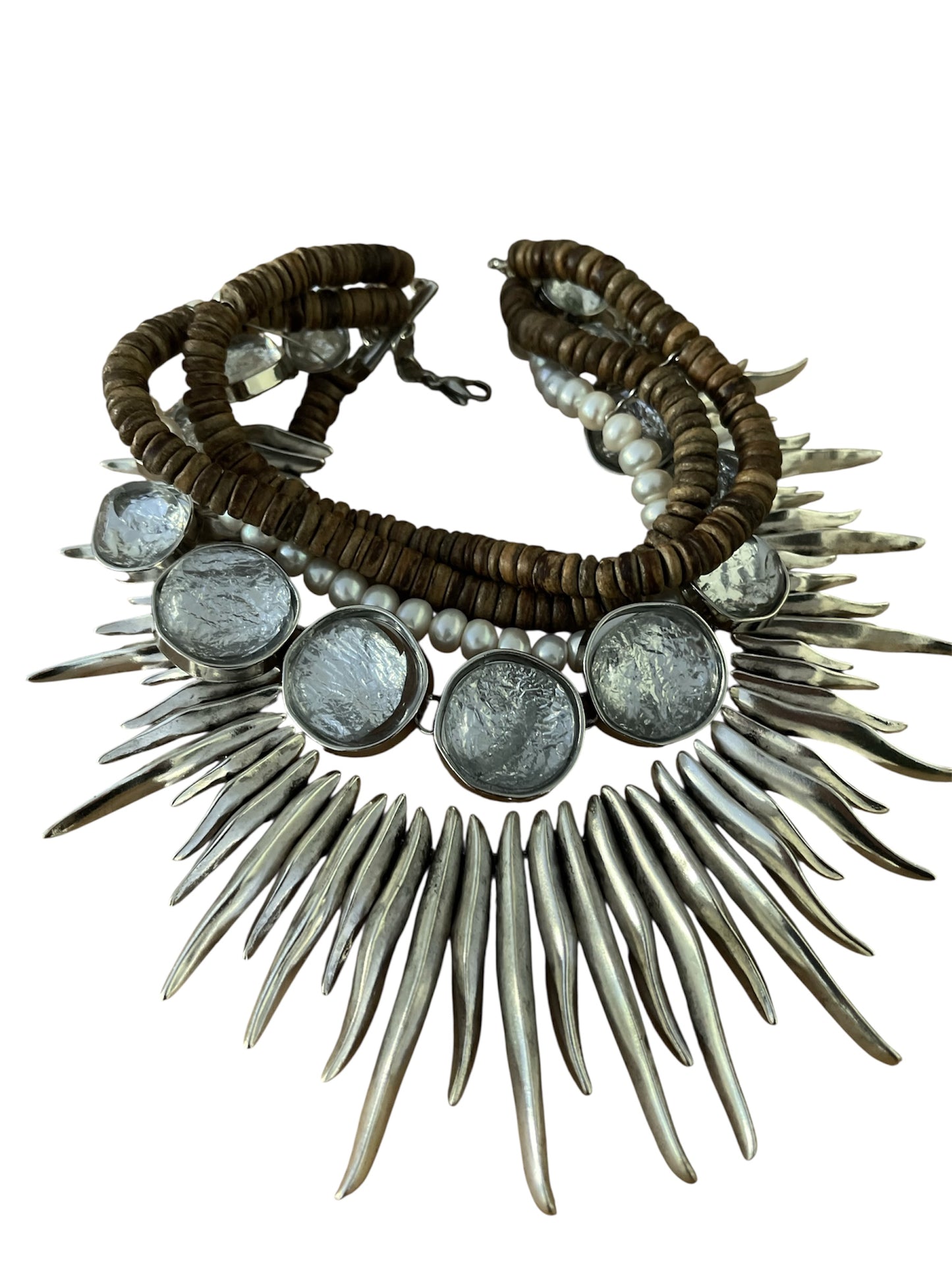 Boho Choker Necklace with Pearls and Wood