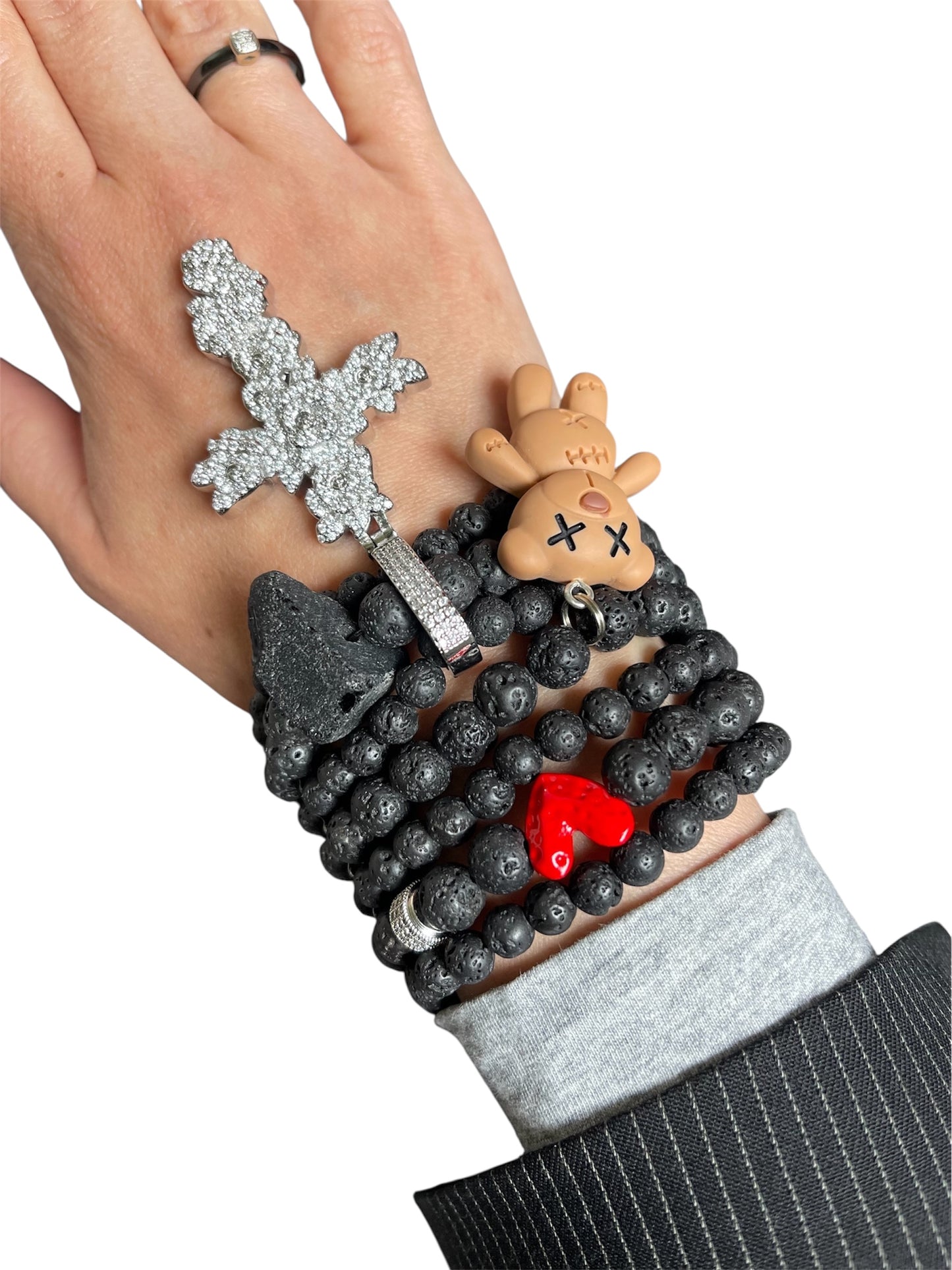 Black Lava Stone Bracelet with Elegant Charms