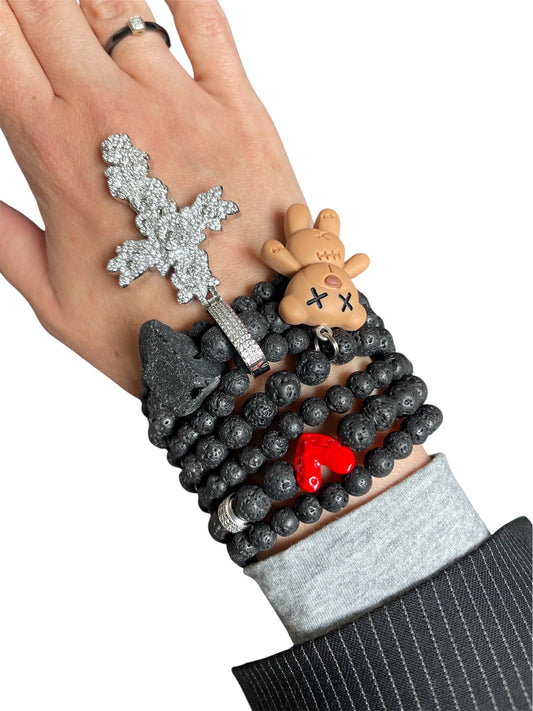 Black Lava Stone Bracelet with Elegant Charms