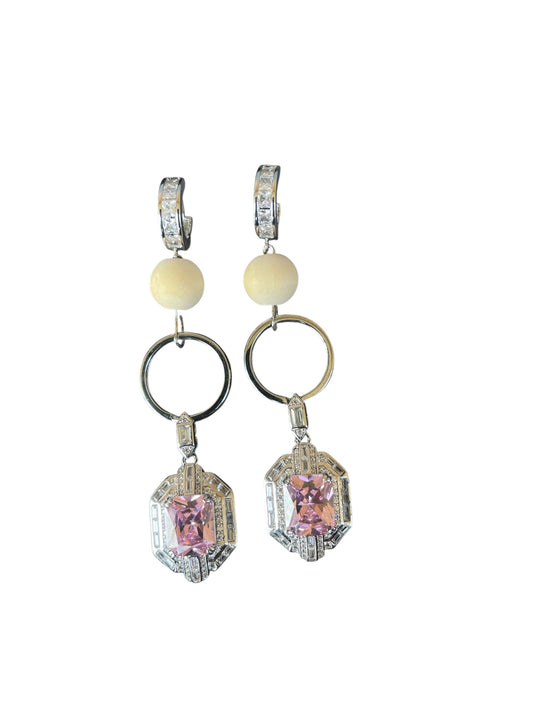 Metal Earrings with Wooden Beads & Zircon Pendant Pink