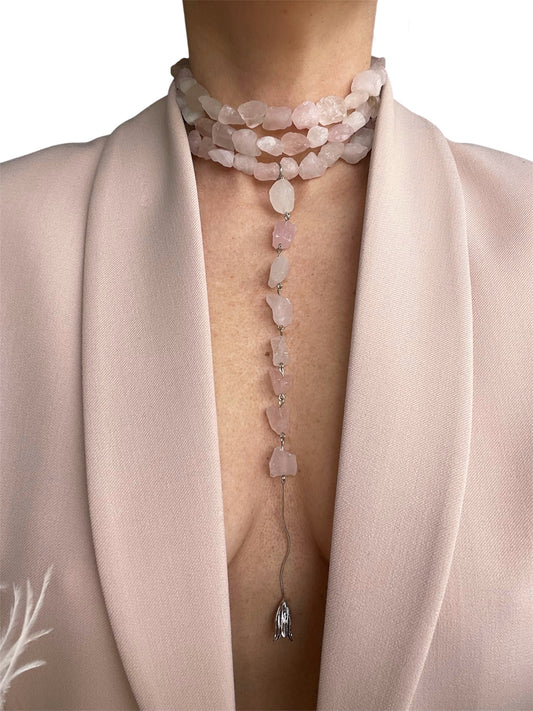 Raw Rose Quartz Choker with Metal Pendant
