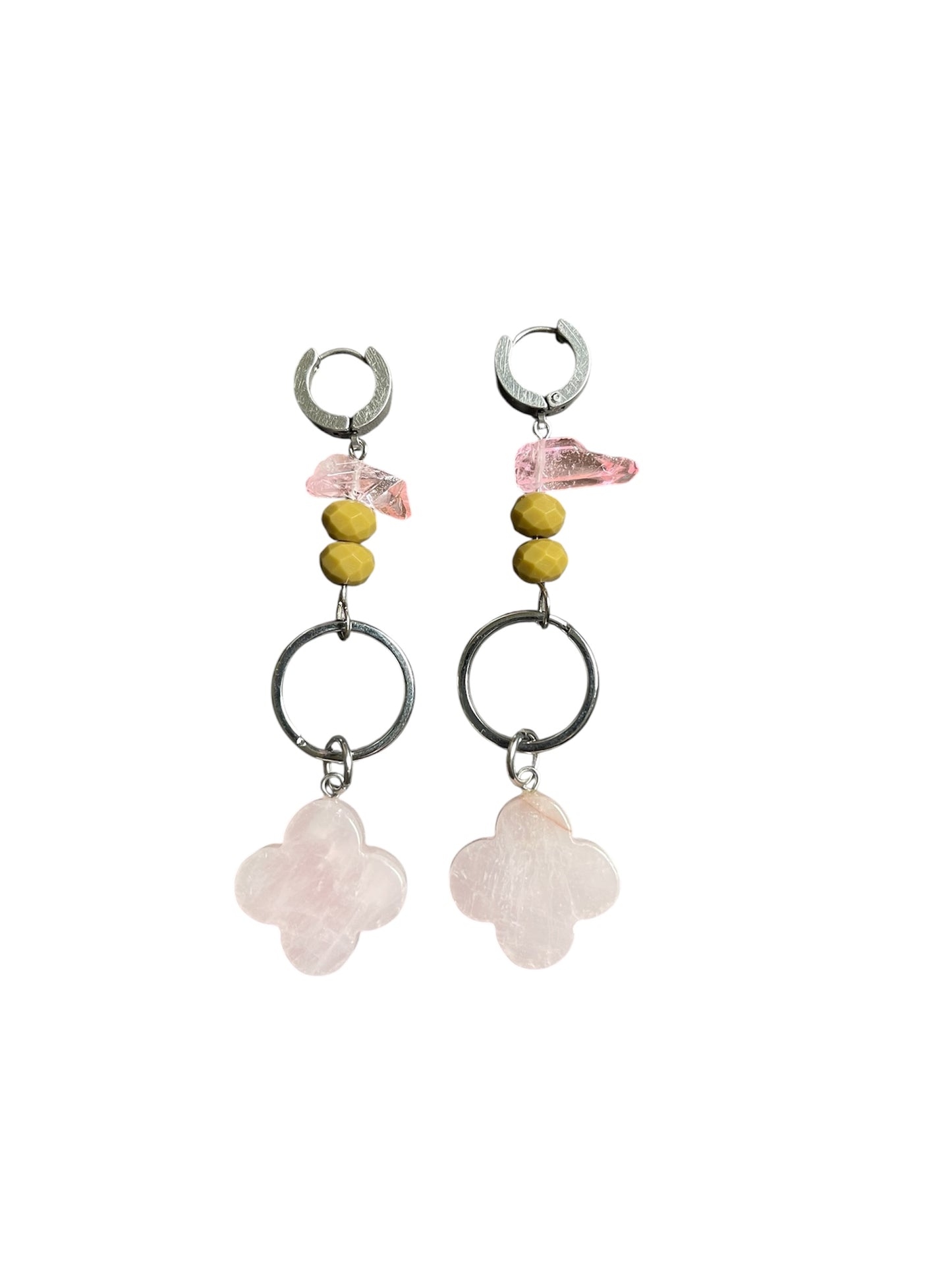 Stainless Steel Earrings with Czech Glass and Rose Quartz