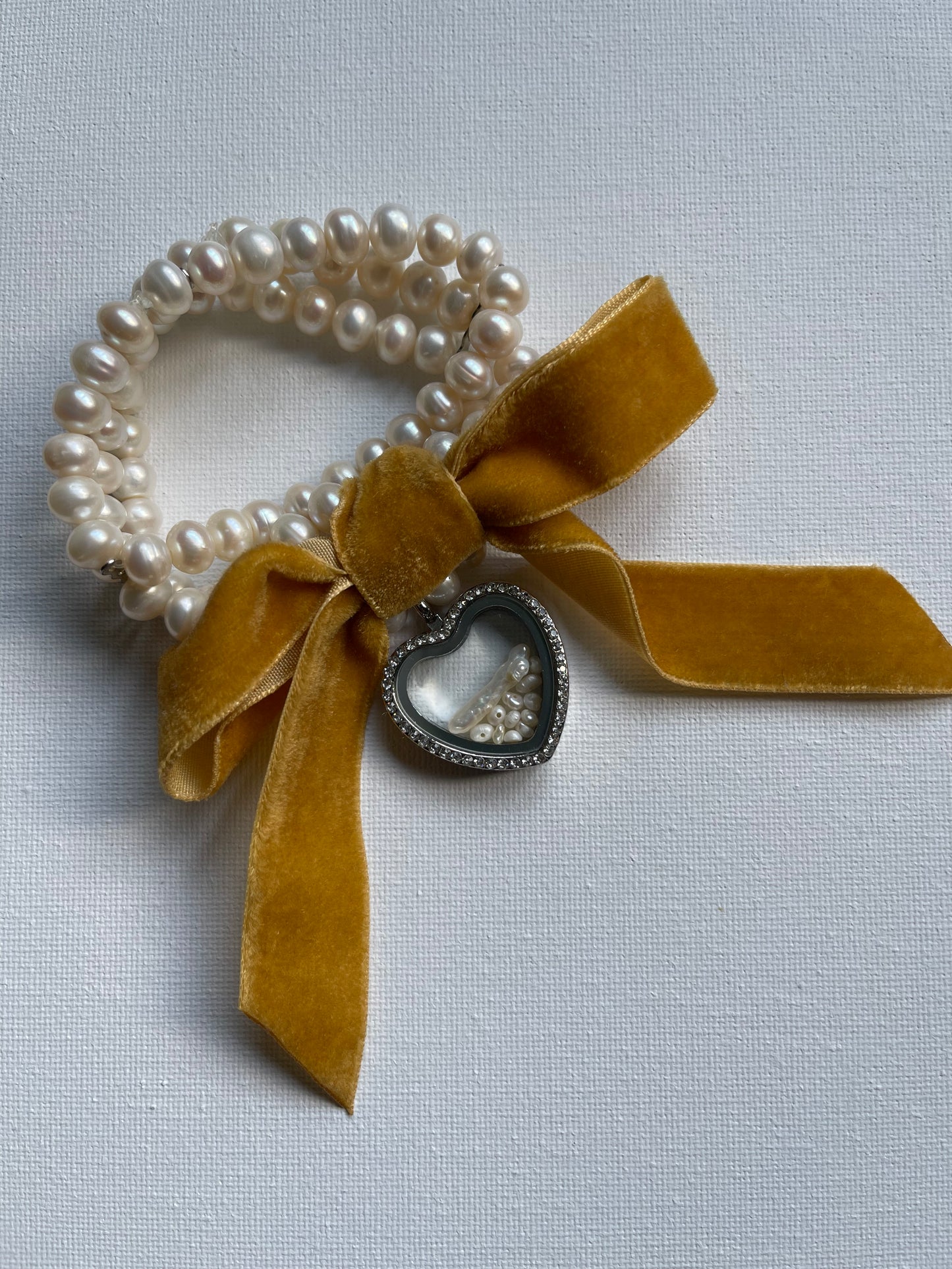 Pearl Bracelet with Velvet Bow & Glass Charm