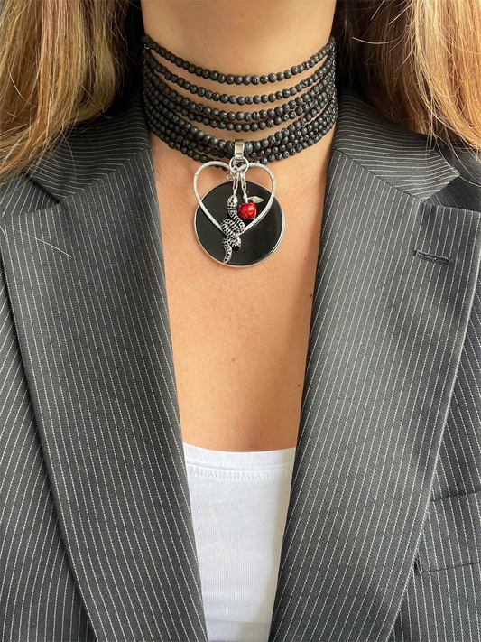 Lava Stone Choker with Sterling Silver Apple & Snake Charms