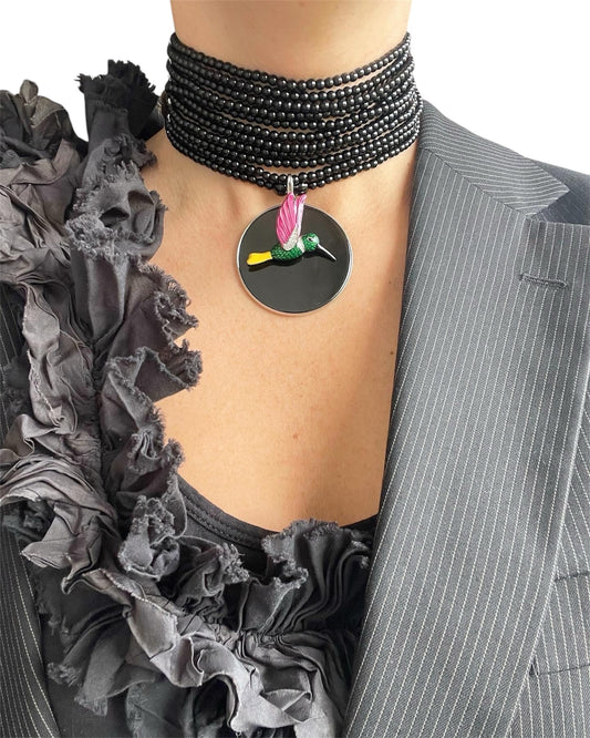 Black Agate Choker Necklace with Sterling Silver & Glass Pendants