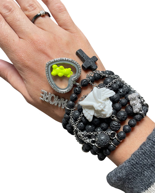 Lava Stone Bracelet with Angel Charm & Heart Pendant