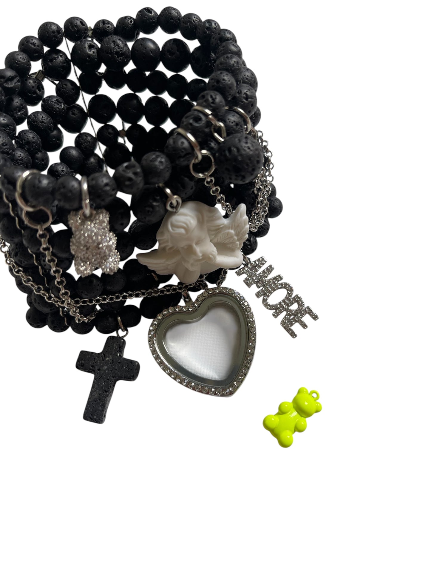 Lava Stone Bracelet with Angel Charm & Heart Pendant